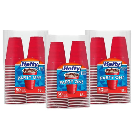Hefty Party On Disposable Plastic Cups, Red, 18 Ounce, 50 Count (Pack of 3), 150 Total