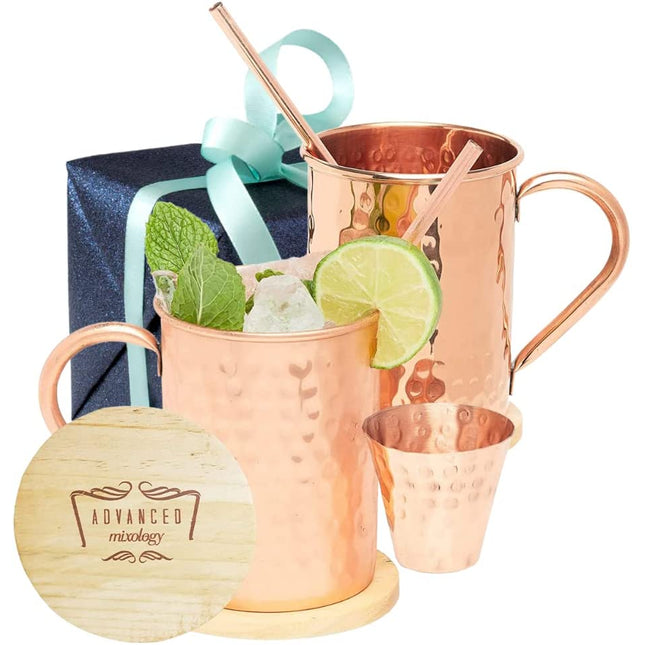Advanced Mixology [Gift Set] Moscow Mule Mugs Set of 2 (16oz) | 100% Copper Mugs Set w/ 2 Straws, 2 Wooden Coasters & 1 Shot Glass | Tarnish-Resistant Food Grade Lacquer Coat