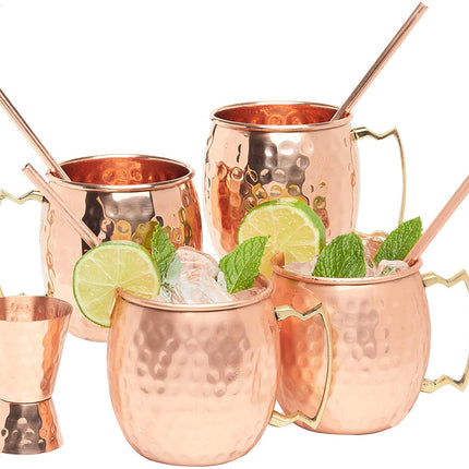 Kitchen Science Moscow Mule Copper Mugs 16 Ounce with 4 Straws and Jigger Set