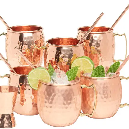Kitchen Science Moscow Mule Copper Mugs Set of 6 (16oz) with 6 Straws and Jigger