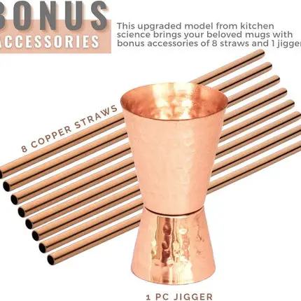 Kitchen Science Moscow Mule Copper Mugs - Set of 8 (16oz) with 8 Straws and Jigger