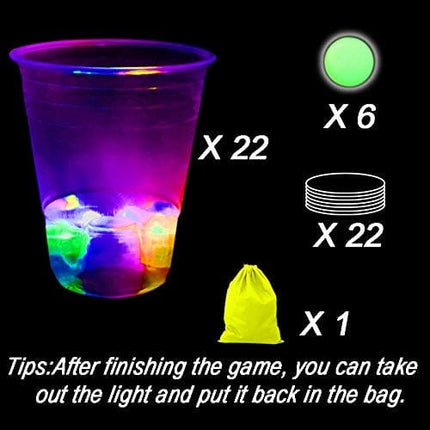 Glowing Party Beverage Pong Game for Indoor Outdoor Party Event Fun, Pack with Flashing Color Bright Glow-in-The-Dark Colors for House Parties Birthdays Concerts Weddings BBQ Beach Holidays
