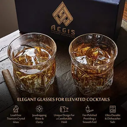 Crystal Whiskey Glass Set Of 2 - European Fire Polished Titanium Infused Whiskey Tumblers Made From Crystal Clear Glass Without Lead - Double Bourbon Glasses For Men & Women Make A Luxurious Gift