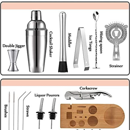 Bar Set Cocktail Shaker Set, AHNR 14-Piece Bartender Kit Stainless Steel Bar Tool Set with Stylish Bamboo Stand, Bar Tool Set Home Bartending Kit with All Bar Accessories for Drink Mixing