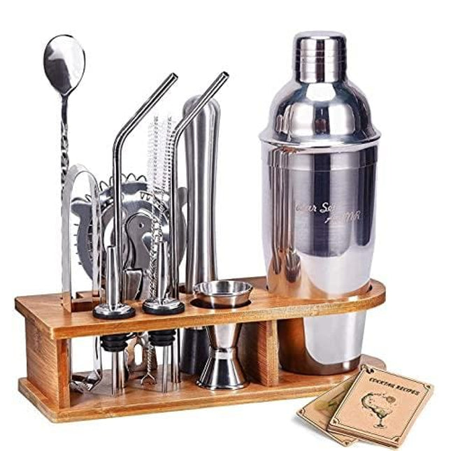 Bar Set Cocktail Shaker Set, AHNR 14-Piece Bartender Kit Stainless Steel Bar Tool Set with Stylish Bamboo Stand, Bar Tool Set Home Bartending Kit with All Bar Accessories for Drink Mixing