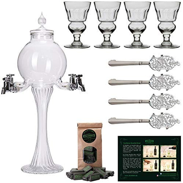 ALANDIA Absinthe Fountain Set Bubble | 1x Premium Fountain with 4 spouts | 4x Absinthe Glasses | 4x Absinthe Spoons | 1x Absinthe Sugar Cubes