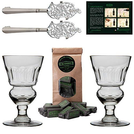 ALANDIA Premium Absinthe Spoons Glasses Set | 2X Absinthe Glasses | 2X Absinthe Spoons | 1x Absinthe Sugar Cubes | 1x Drinking Instructions Card for The Absinthe Ritual
