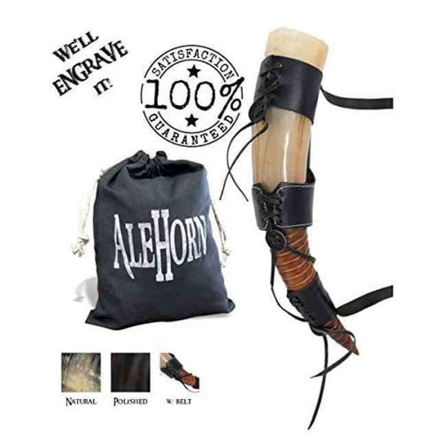 AleHorn Authentic Drinking Horn Curved Style - Polished Finish - XL- Viking Style Genuine Handcrafted Viking Beer Cup for Ale, Mead -Food Safe - Medieval Style Inspired by Game of Thrones - Great Gift