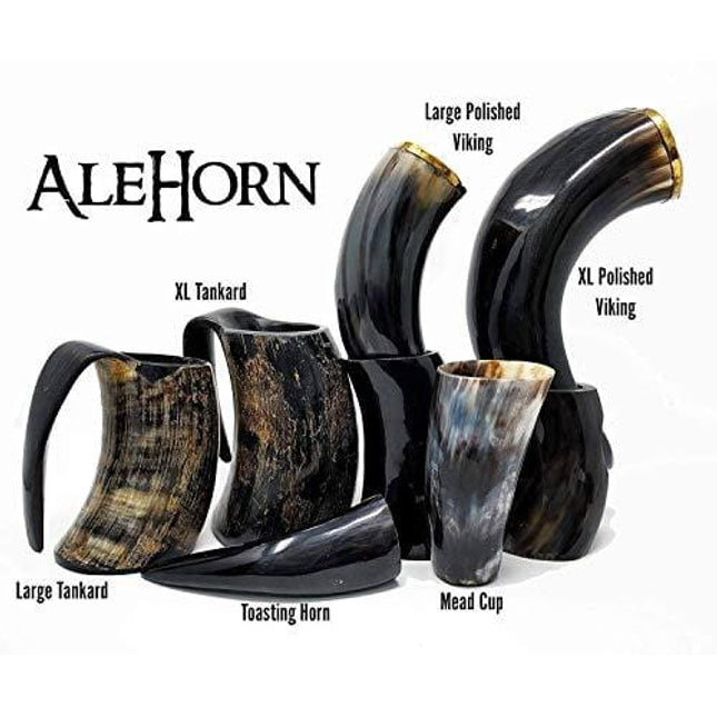 AleHorn Authentic Drinking Horn Curved Style - Polished Finish - XL- Viking Style Genuine Handcrafted Viking Beer Cup for Ale, Mead -Food Safe - Medieval Style Inspired by Game of Thrones - Great Gift