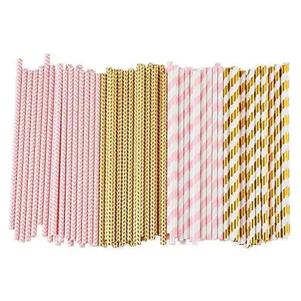ALINK Biodegradable Paper Straws, 100 Pink Straws / Gold Straws for Party Supplies, Birthday, Wedding, Bridal / Baby Shower Decorations and Holiday Celebrations