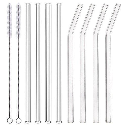 ALINK Skinny Clear Glass Straws, 10.5 x 7 mm Long Reusable Drinking Straws for 30 oz RTIC/Yeti Tumblers, Mason Jars, Pack of 8 with 2 Cleaning