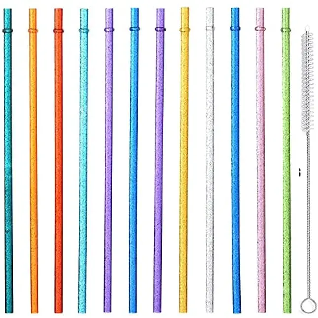 ALINK 12-Pack Glitter Reusable Clear Plastic Straws, 11" Long Hard Tumbler Drinking Straws with Cleaning Brush (10 Colors)