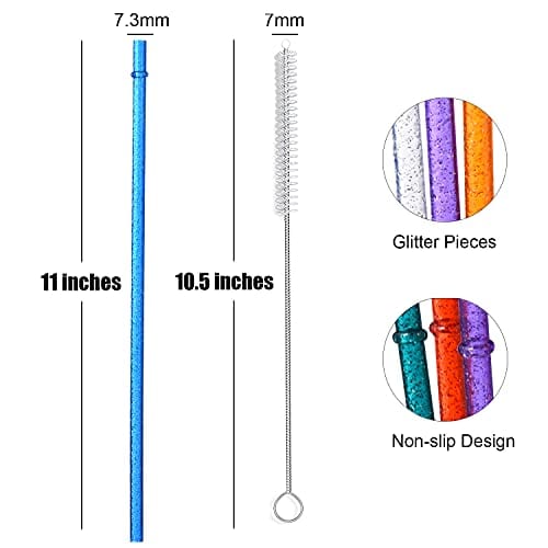 Alink 10.5 Long Rainbow Colored Reusable Plastic Replacement Straws, Set of 10 with Cleaning Brush