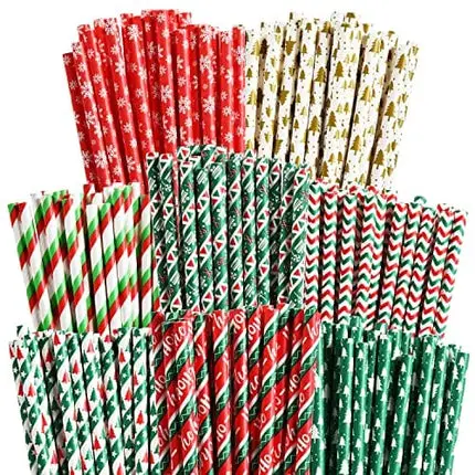 ALINK 200 Christmas Paper Straws, 8 Styles Striped Christmas Tree Snowflake Straws for Christmas Party Decorations Supplies