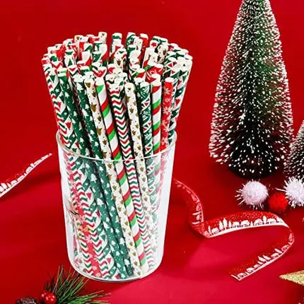 ALINK 200 Christmas Paper Straws, 8 Styles Striped Christmas Tree Snowflake Straws for Christmas Party Decorations Supplies