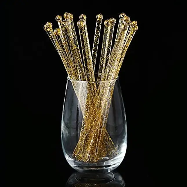ALINK 125-Pack Gold Glitter Plastic Swizzle Sticks, Crystal Cake Pops, Cocktail Coffee Drink Stirrers, 7.24 Inch