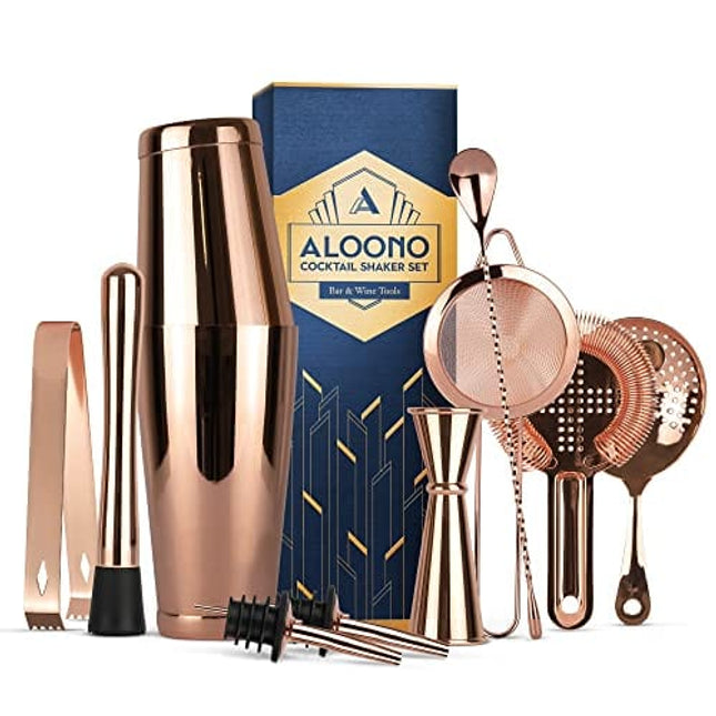 11-Piece Copper Boston Cocktail Shaker Set Bartender Kit | Drink Mixer Bar Set | Cocktail Set Bar Accessories: Martini Shaker, Strainer, Jigger, Muddler, Spoon, & More