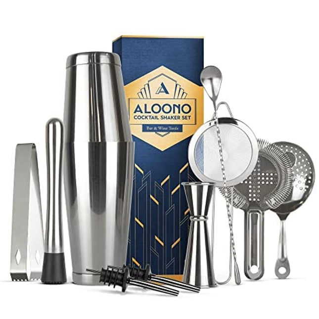 11-Piece Silver Boston Cocktail Shaker Set Bartender Kit | Drink Mixer Bar Set | Cocktail Set Bar Accessories: Martini Shaker, Strainer, Jigger, Muddler, Spoon, & More