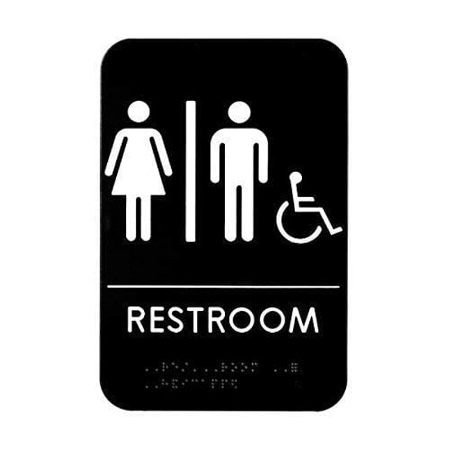 Alpine Industries Unisex Handicap Braille Restroom Sign - ADA Approved Self Adhesive Black & White Gender Neutral Toilet Door Plate For Office Restaurant & Business
