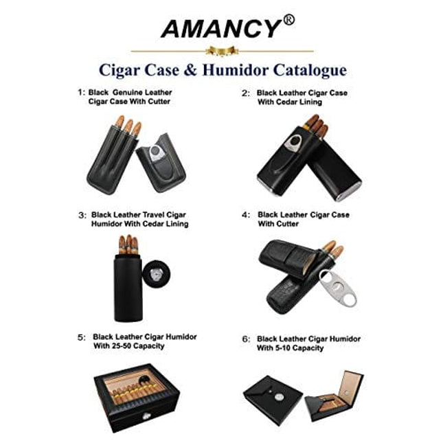 AMANCY Premium 3- Finger Brown Leather Cigar Case, Cedar Wood Lined Cigar Humidor with Silver Stainless Steel Cutter