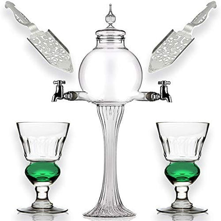Absinthe Set - Glass Pearl Bubble Fountain Dripper with 2 Spouts, Absinthe Dripper Set, Complete with 2 Reservoir Pontarlier Glasses and Sugar Spoon Set