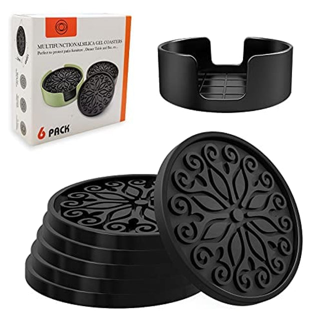 Coasters for Drinks, Coasters for Drinks Absorbent with Holder, Set of 6 Silicone Furniture Tabletop Protection Coaster for Wooden Table, Coffee Table, Glass, Sandstone, Marble, Farmhouse (Black)