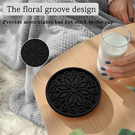 Coasters for Drinks, Coasters for Drinks Absorbent with Holder, Set of 6 Silicone Furniture Tabletop Protection Coaster for Wooden Table, Coffee Table, Glass, Sandstone, Marble, Farmhouse (Black)