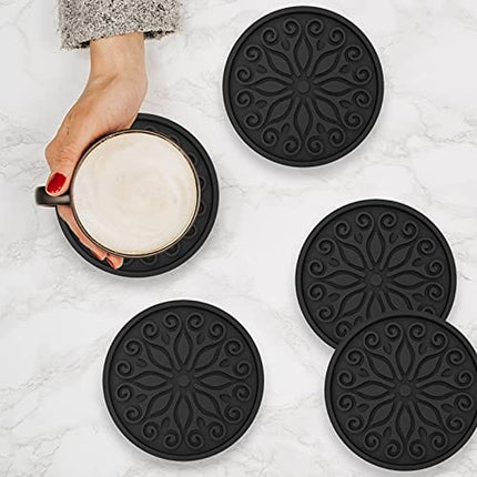 Coasters for Drinks, Coasters for Drinks Absorbent with Holder, Set of 6 Silicone Furniture Tabletop Protection Coaster for Wooden Table, Coffee Table, Glass, Sandstone, Marble, Farmhouse (Black)