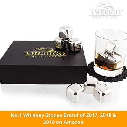 Exclusive Whiskey Stones Gift Set - High Cooling Technology - Reusable Ice Cubes - Stainless Steel Whiskey Ice Cubes - Whiskey Rocks - Whiskey Gifts for Men - Best Man Gift with Coasters + Ice Tongs