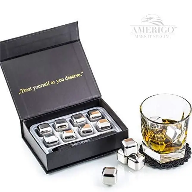 Exclusive Whiskey Stones Gift Set - High Cooling Technology - Reusable Ice Cubes - Stainless Steel Whiskey Ice Cubes - Whiskey Rocks - Whiskey Gifts for Men - Best Man Gift with Coasters + Ice Tongs