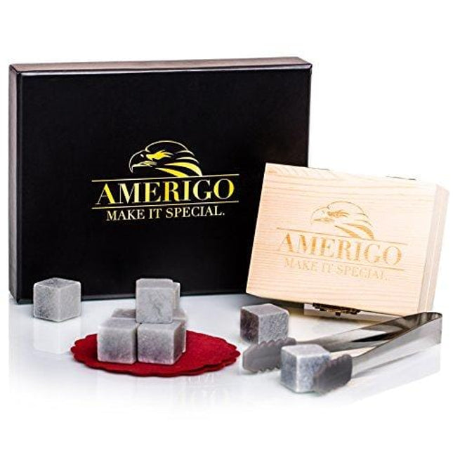 Luxury Whiskey Stones Gift Set - Set of 9 Whiskey Rocks - Reusable Ice Cubes for Drinks - Great Whiskey Gift for Man - Handcrafted Whisky Stones Set - Chilling Stones + Ice Tongs + 2 Classy Coasters