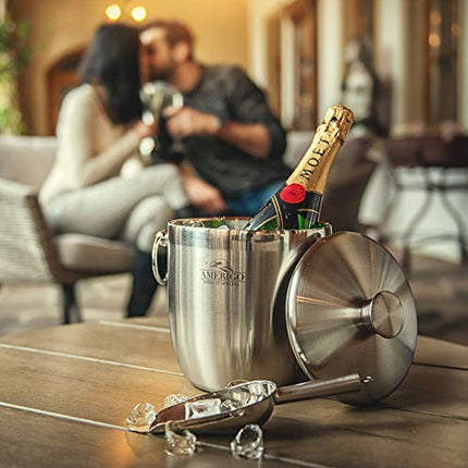 Amerigo Exclusive Insulated Ice Bucket - Well Made Double-Wall Champagne Bucket Keeps Ice Frozen Longer - 3 Liter Stainless Steel Ice Bucket for Parties with Lid, Strainer, Ice Tongs + Free Ice Scoop