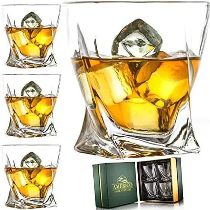 Amerigo Premium Whiskey Glass Set of 4 in Luxury Gift Box - Twist Whiskey Glasses 10oz for Scotch, Bourbon & Old Fashioned Cocktails - Whisky Gift for Men - Glass Tumblers - Fathers Day Gift - Bar Set