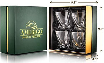 Amerigo Premium Whiskey Glass Set of 4 in Luxury Gift Box - Twist Whiskey Glasses 10oz for Scotch, Bourbon & Old Fashioned Cocktails - Whisky Gift for Men - Glass Tumblers - Fathers Day Gift - Bar Set