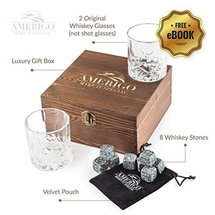 𝗕𝗘𝗦𝗧 𝗚𝗜𝗙𝗧: Impressive Whiskey Stones Gift Set with 2 Glasses - Be Different When Choosing a Gift - Luxury Box with 8 Granite Whiskey Rocks, Ice Tongs - Ice Cubes Reusable - Best Man Gift
