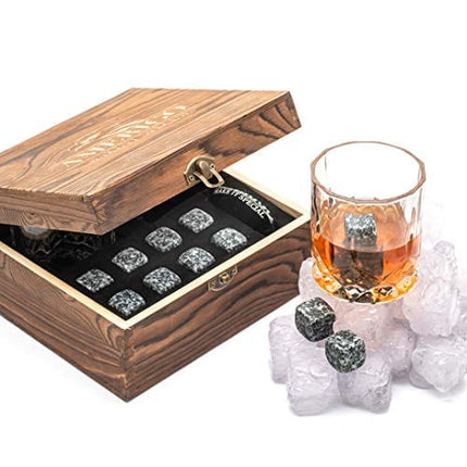 𝗕𝗘𝗦𝗧 𝗚𝗜𝗙𝗧: Impressive Whiskey Stones Gift Set with 2 Glasses - Be Different When Choosing a Gift - Luxury Box with 8 Granite Whiskey Rocks, Ice Tongs - Ice Cubes Reusable - Best Man Gift