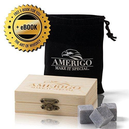 Premium Whiskey Stones Gift Set - Water Down Your Whisky? Never Again! Set of 9 Whiskey Rocks - Ice Cubes Reusable in Exclusive Wooden Gift Set - Whiskey Gifts for Man - Chilling Stones + FREE EBOOK