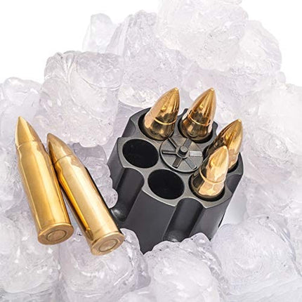 Whiskey Stones Bullets with Base - Gold XL Whiskey Ice Cubes Reusable - Cool Gifts for Men - Set of 6 Whiskey Bullets Stainless Steel in Revolver Base - Chilling Whiskey Rocks Gift Set by Advanced Mixology