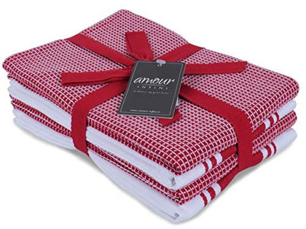 AMOUR INFINI Classic Kitchen Towels | 2 Stripe + 2 Waffle | 28 x 20 Inch, Over Sized | Multi-use Dish Towels |100% Ring Spun Premium Cotton | Highly Absorbent | Red