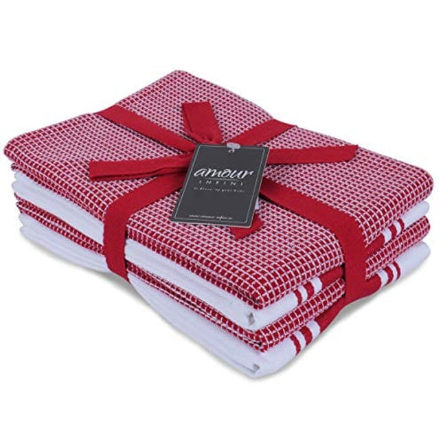 AMOUR INFINI Classic Kitchen Towels | 2 Stripe + 2 Waffle | 28 x 20 Inch, Over Sized | Multi-use Dish Towels |100% Ring Spun Premium Cotton | Highly Absorbent | Red