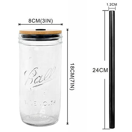 Mason Jar with Lid and Straw, 24oz Wide Mouth Mason Jar Drinking Glasses Tumbler, Black Silicone Sleeve Bamboo Lid, Reusable Boba Cups Travel Bottle for Iced Coffee Large Pearl Juices Cocktail
