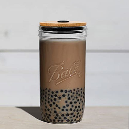 Mason Jar with Lid and Straw, 24oz Wide Mouth Mason Jar Drinking Glasses Tumbler, Black Silicone Sleeve Bamboo Lid, Reusable Boba Cups Travel Bottle for Iced Coffee Large Pearl Juices Cocktail