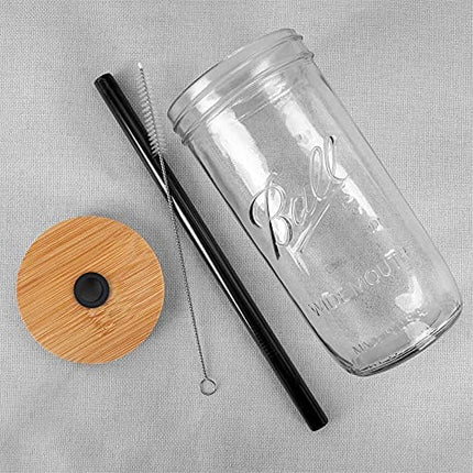 Mason Jar with Lid and Straw, 24oz Wide Mouth Mason Jar Drinking Glasses Tumbler, Black Silicone Sleeve Bamboo Lid, Reusable Boba Cups Travel Bottle for Iced Coffee Large Pearl Juices Cocktail