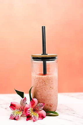 Mason Jar with Lid and Straw, 24oz Wide Mouth Mason Jar Drinking Glasses Tumbler, Black Silicone Sleeve Bamboo Lid, Reusable Boba Cups Travel Bottle for Iced Coffee Large Pearl Juices Cocktail