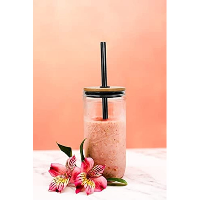 Mason Jar with Lid and Straw, 24oz Wide Mouth Mason Jar Drinking Glasses Tumbler, Black Silicone Sleeve Bamboo Lid, Reusable Boba Cups Travel Bottle for Iced Coffee Large Pearl Juices Cocktail