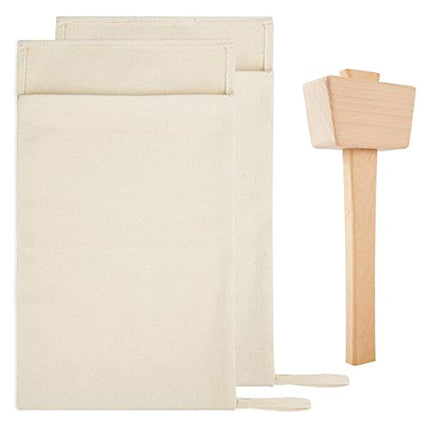 Pack of 2 Professional Lewis Bags and 1 Piece Ice Mallet Set-13.38 × 8.66 Inch Reusable Canvas Crushed Ice Bags with Wooden Mallet for Home Party Bar Kitchen Dried Ice Crushing