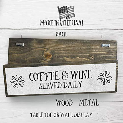 ANVEVO Coffee and Wine Served Daily - Handmade Metal Wood Coffee Sign – Cute Rustic Wall Decor Art - Farmhouse Decorations – Coffee Signs for Home Decor