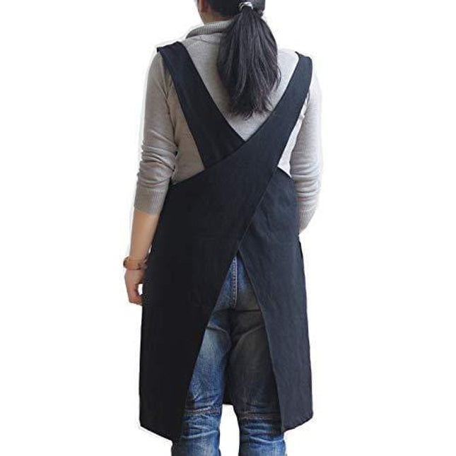 AOBBYBBS Soft Cotton Linen Apron Solid Color Halter Cross Bandage Aprons Japan Japanese Style X Shape Kitchen Cooking Clothes Gift for Women Chef Housewarming (Black)