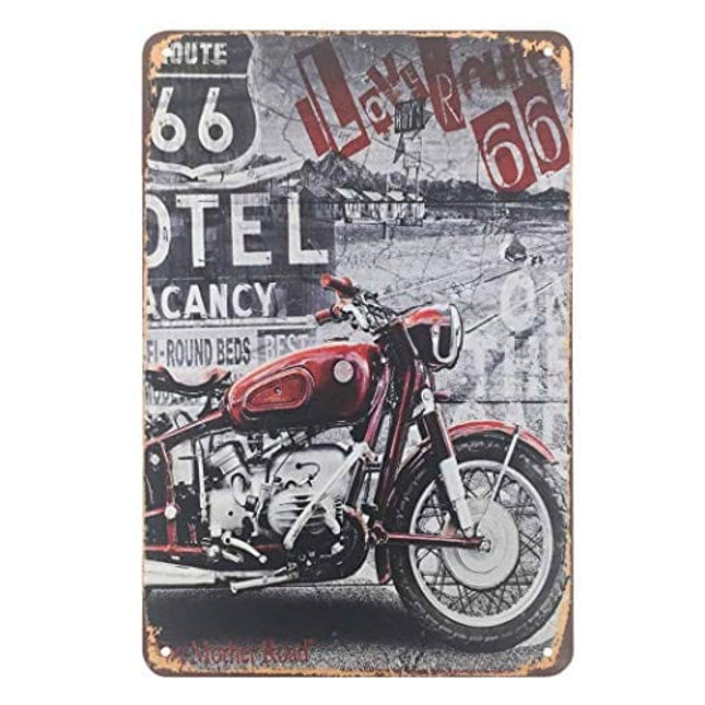 AOYEGO Motorcycle Tin Sign,Red Motor On The Route 66 Road Vintage Metal Tin Signs for Cafes Bars Pubs Shop Wall Decorative Funny Retro Signs for Men Women 8x12 Inch