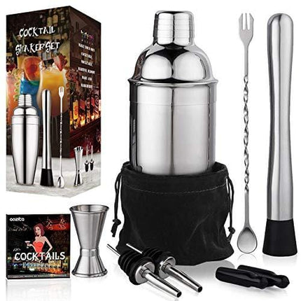 24 oz Cocktail Shaker Bartender Set by Aozita, Stainless Steel Martini Shaker, Mixing Spoon, Muddler, Measuring Jigger, Liquor Pourers with Dust Caps and Manual of Recipes, Professional Bar Tools